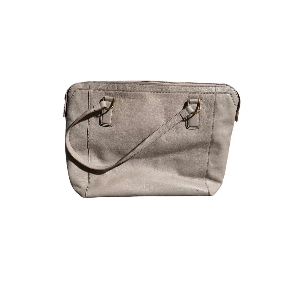 Fossil Leather Tote Bag Beige Shoulder Purse Large Zip Top